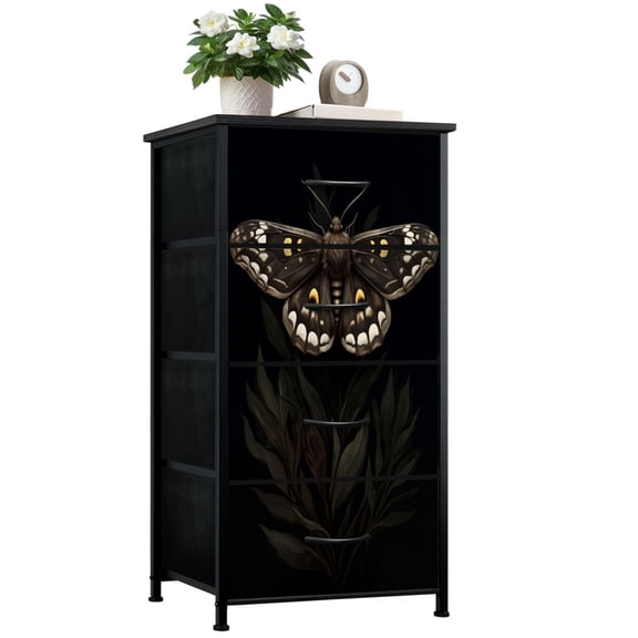 Dresser for Bedroom with 4 Storage Drawers Dark Cottagecore Butterfly Vintage Goth Botanical Animal Moth Dressers Chest of Drawers Steel Framed Fabric Closet Organizers for Entryway