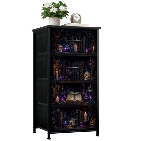 Dresser for Bedroom with 4 Storage Drawers Dark Gothic Bookshelf Skulls Candles Purple Potion Bottles Dressers Chest of Drawers Steel Framed Fabric Closet Organizers for Dorm Entryway