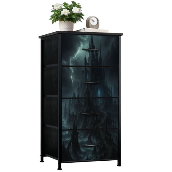 Dresser for Bedroom with 4 Storage Drawers Dark Gothic Castle Amidst Stormy Skies Dressers Chest of Drawers Steel Framed Fabric Closet Organizers for Entryway