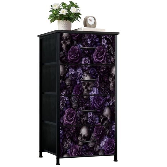 Dresser for Bedroom with 4 Storage Drawers Dark Gothic Floral Purple Roses Skulls Vintage Dressers Chest of Drawers Steel Framed Fabric Closet Organizers for Dorm Entryway