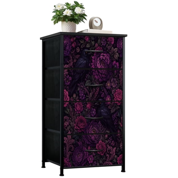 Dresser for Bedroom with 4 Storage Drawers Dark Gothic Floral Ravens Purple Flowers Vintage Dressers Chest of Drawers Steel Framed Fabric Closet Organizers for Dorm Entryway