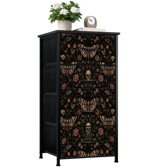 Dresser for Bedroom with 4 Storage Drawers Dark Gothic Floral Skulls Moths Black Day of the Dead Dressers Chest of Drawers Steel Framed Fabric Closet Organizers for Dorm Entryway