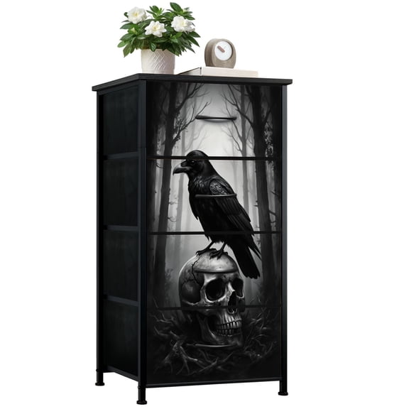 Dresser for Bedroom with 4 Storage Drawers Dark Gothic Raven Perched Human Skull Foggy Forest Dressers Chest of Drawers Steel Framed Fabric Closet Organizers for Dorm Entryway