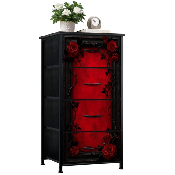 Dresser for Bedroom with 4 Storage Drawers Dark Gothic Red Roses Black Thorny Vines Red Grunge Dressers Chest of Drawers Steel Framed Fabric Closet Organizers for Dorm Entryway