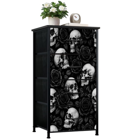 Dresser for Bedroom with 4 Storage Drawers Dark Gothic Skulls Black Roses Black Dressers Chest of Drawers Steel Framed Fabric Closet Organizers for Dorm Entryway