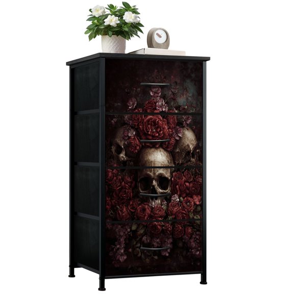 Dresser for Bedroom with 4 Storage Drawers Dark Gothic Skulls Red Roses Floral Dark Academia Dressers Chest of Drawers Steel Framed Fabric Closet Organizers for Dorm Entryway