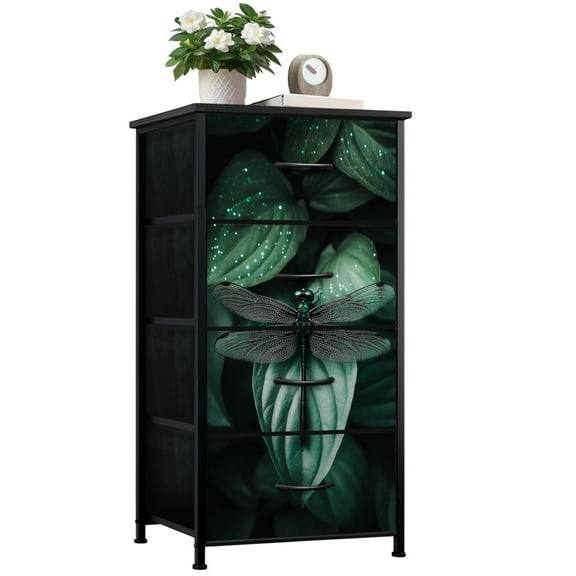 Dresser for Bedroom with 4 Storage Drawers Dark Green Dragonfly Bioluminescent Tropical Foliage Scene Dressers Chest of Drawers Steel Framed Fabric Closet Organizers for Entryway Home Decor