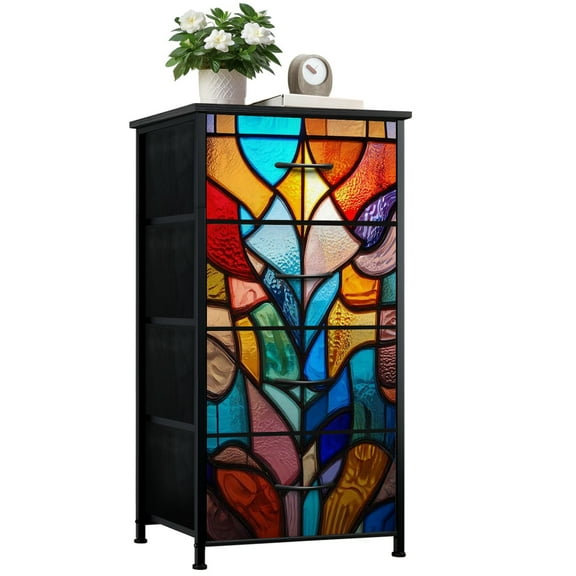 Dresser for Bedroom with 4 Storage Drawers Decorative Artistic Stained Glass Mosaic Lamp Dressers Chest of Drawers Steel Framed Fabric Closet Organizers for Entryway