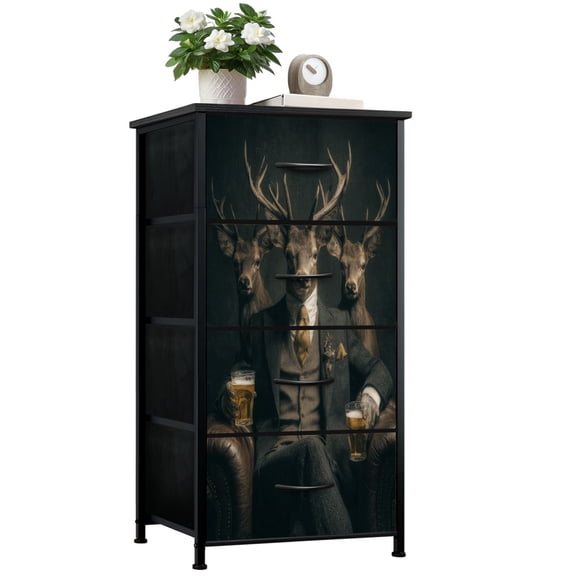 Dresser for Bedroom with 4 Storage Drawers Deer Beer Glass Vintage Gentleman Aesthetic Suit Antlers Beer Dressers Chest of Drawers Steel Framed Fabric Closet Organizers for Entryway Bar Man Cave