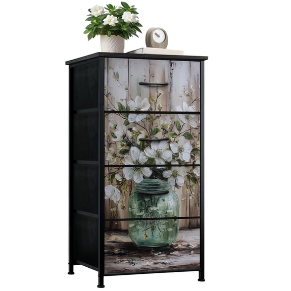 Dresser for Bedroom with 4 Storage Drawers Dogwood Farmhouse Floral Bouquet White Flower Vase Vintage Rustic Dressers Chest of Drawers Steel Framed Fabric Closet Organizers for Entryway