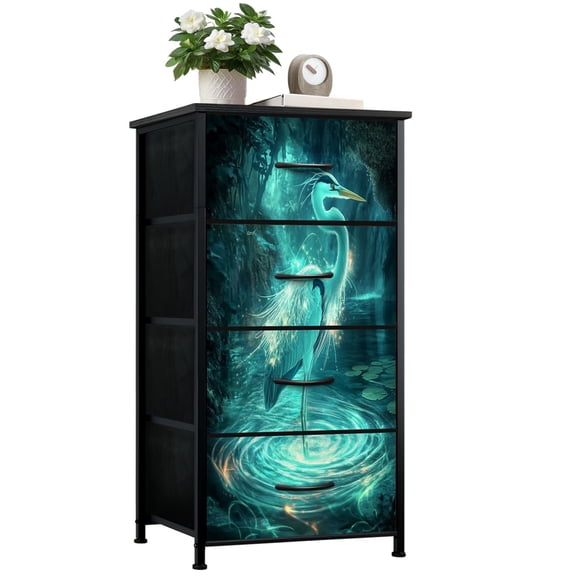 Dresser for Bedroom with 4 Storage Drawers Dreamlike Heron Abstract Ethereal Water Lily Scene Dressers Chest of Drawers Steel Framed Fabric Closet Organizers for Entryway Home Decor