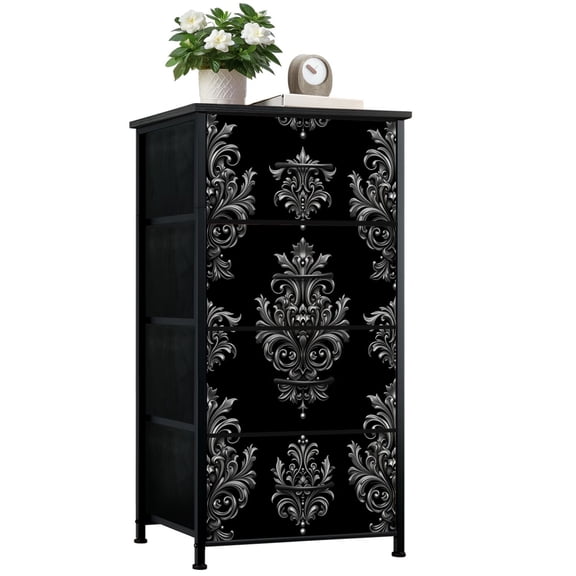 Dresser for Bedroom with 4 Storage Drawers Elegant Black Silver Baroque Floral Damask classic vintage Dressers Chest of Drawers Steel Framed Fabric Closet Organizers for Dorm Entryway End Table