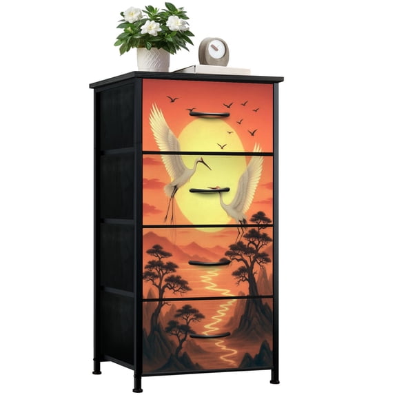 Dresser for Bedroom with 4 Storage Drawers Elegant Cranes Flight Sunset Serene Mountain Landscape Dressers Chest of Drawers Steel Framed Fabric Closet Organizers for Entryway