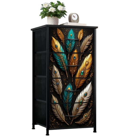 Dresser for Bedroom with 4 Storage Drawers Elegant Golden Teal Feather Intricate Detailing Dressers Chest of Drawers Steel Framed Fabric Closet Organizers for Dorm Entryway End Table
