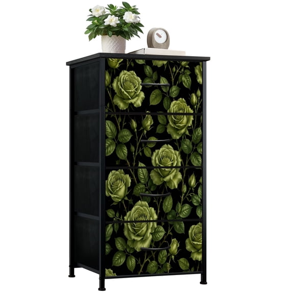 Dresser for Bedroom with 4 Storage Drawers Elegant Mint Green Roses Dark Leaves Black Dressers Chest of Drawers Steel Framed Fabric Closet Organizers for Dorm Entryway