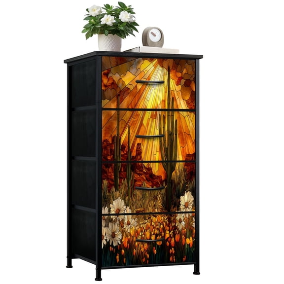 Dresser for Bedroom with 4 Storage Drawers Elegant Mosaic Stained Glass Desert Sunset Wildflowers Dressers Chest of Drawers Steel Framed Fabric Closet Organizers for Entryway Western Decor