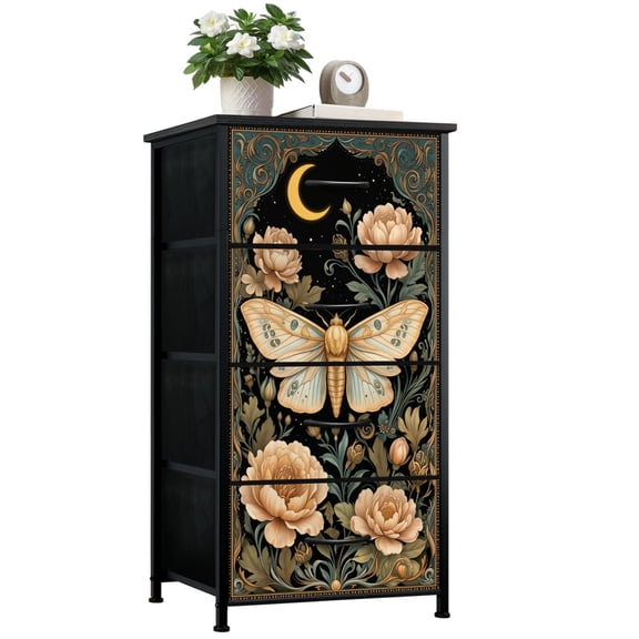 Dresser for Bedroom with 4 Storage Drawers Elegant Moth Peach Peonies Crescent Moon Vintage Botanical Dressers Chest of Drawers Steel Framed Fabric Closet Organizers for Dorm End Table