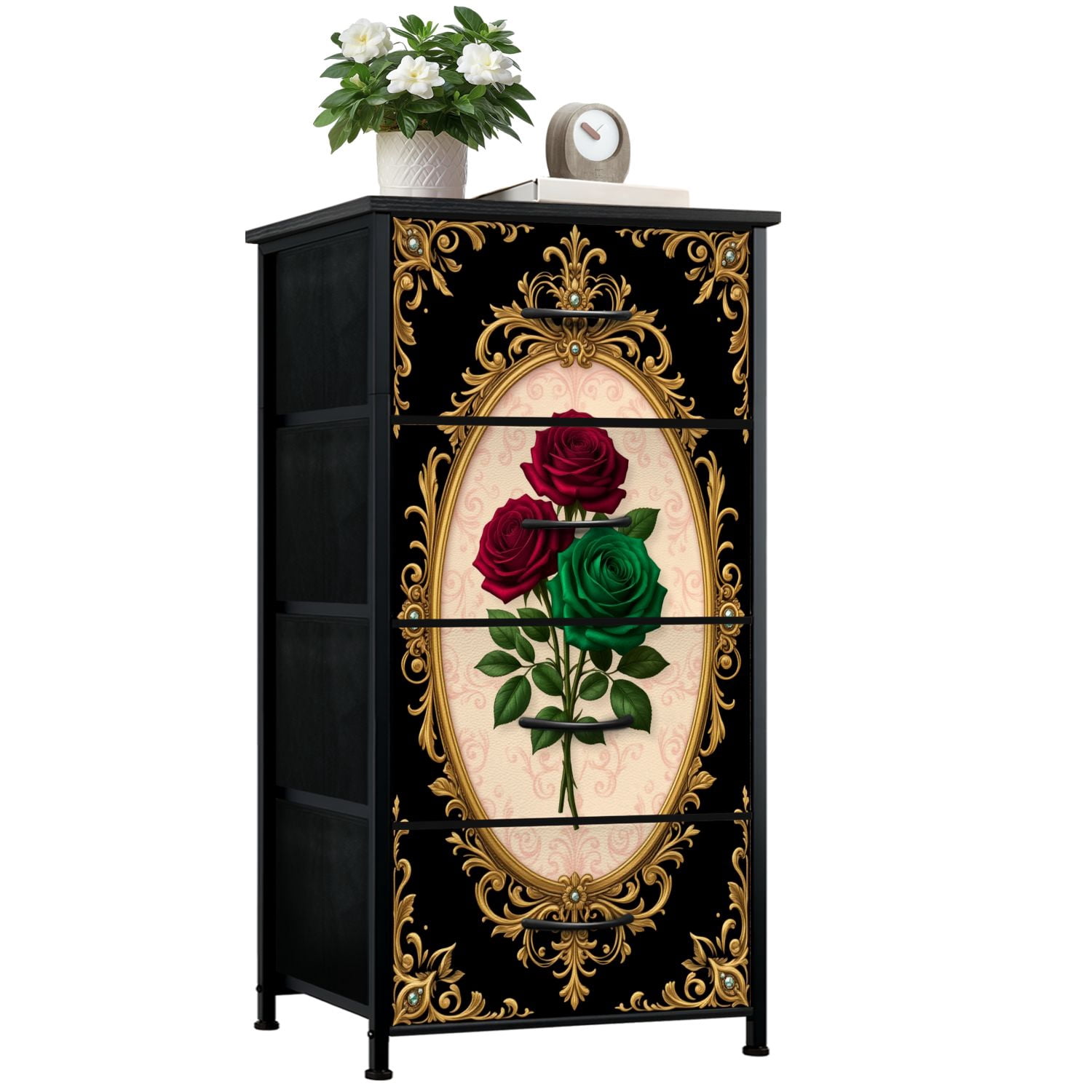 red and gold dresser Red and White Patterned Wooden Chest of Drawers