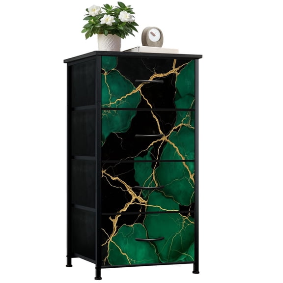 Dresser for Bedroom with 4 Storage Drawers Emerald Green Black Marble Gold Veins Dressers Chest of Drawers Steel Framed Fabric Closet Organizers for Dorm Entryway