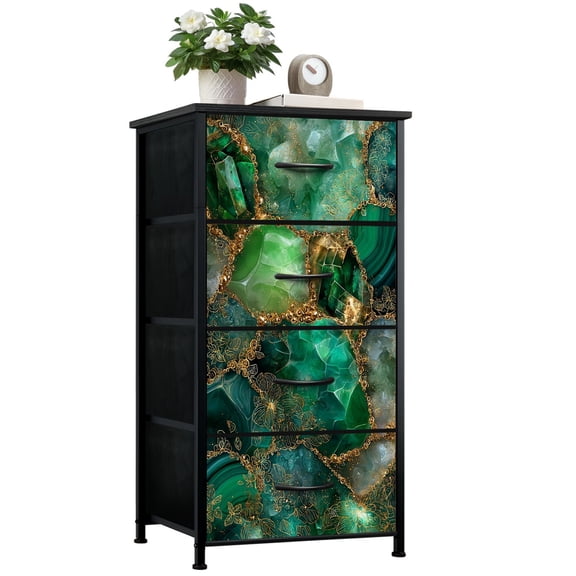 Dresser for Bedroom with 4 Storage Drawers Emerald Green Gemstone Golden Floral Accents Dressers Chest of Drawers Steel Framed Fabric Closet Organizers for Dorm Nightstand Bedside Table Furniture