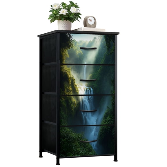 Dresser for Bedroom with 4 Storage Drawers Exotic Misty Tropical Waterfall Rainforest Scenic Nature Dressers Chest of Drawers Steel Framed Fabric Closet Organizers for Entryway