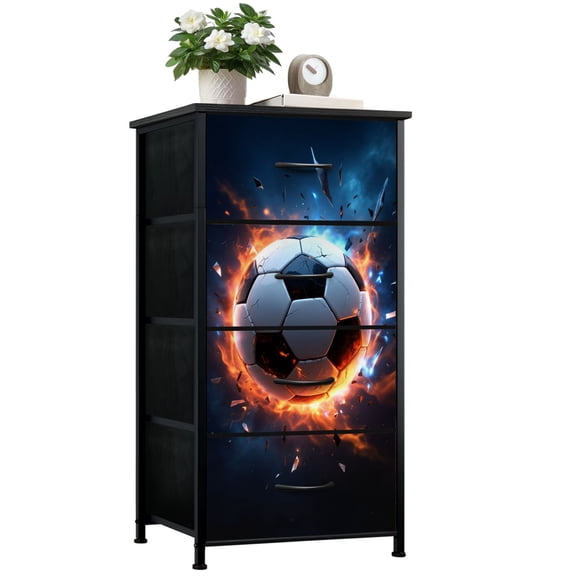 Dresser for Bedroom with 4 Storage Drawers Explosive Soccer Ball Cracks Fiery Glow Dressers Chest of Drawers Steel Framed Fabric Closet Organizers for Boy Room Dorm Entryway