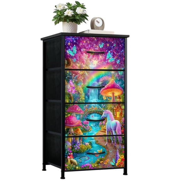 Dresser for Bedroom with 4 Storage Drawers Fairy Forest Rainbow Waterfall Glowing Mushrooms Butterflies Dressers Chest of Drawers Steel Framed Fabric Closet Organizers for Entryway