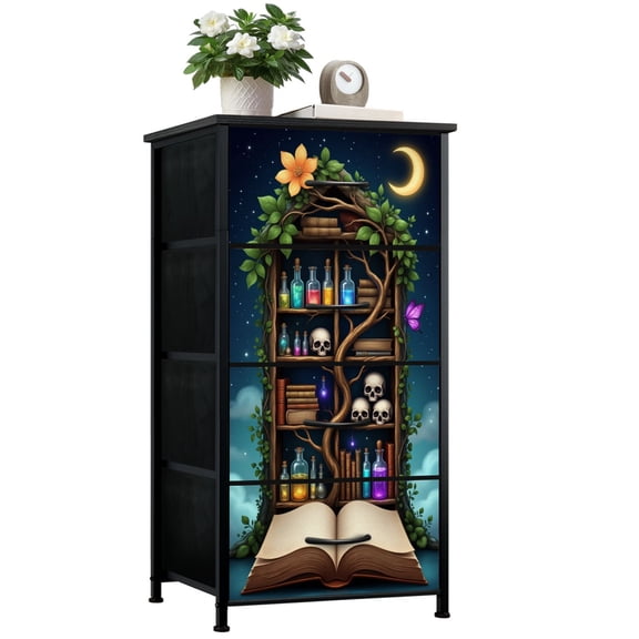 Dresser for Bedroom with 4 Storage Drawers Fantasy Aesthetic Tree Halloween Witchy Hippie Gothic Dressers Chest of Drawers Steel Framed Fabric Closet Organizers for Dorm Entryway