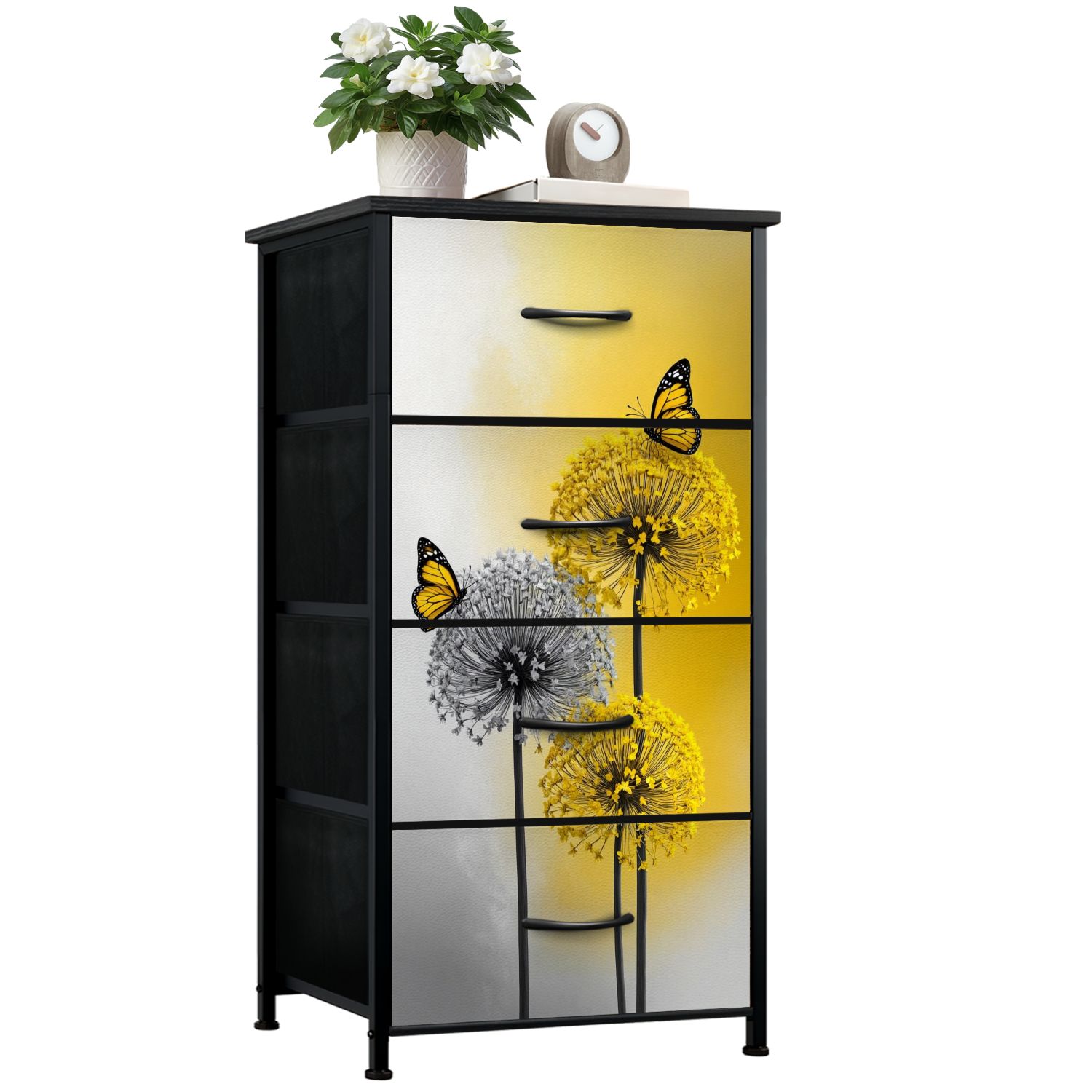 grey and yellow dresser for Bedroom with 4 Storage Drawers Farmhouse Dandelion Rustic Floral Flower Nature Plant Dressers Chest of Drawers Steel Framed 2024/4/18
