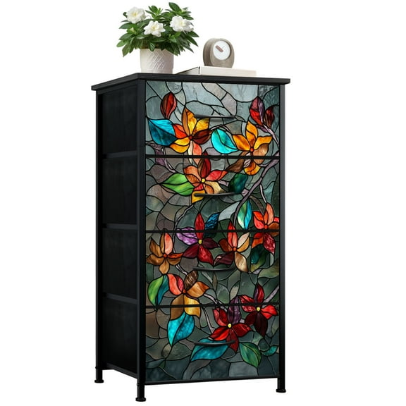 Dresser for Bedroom with 4 Storage Drawers Flower Vine Stained Glass Decoration Dressers Chest of Drawers Steel Framed Fabric Closet Organizers for Entryway