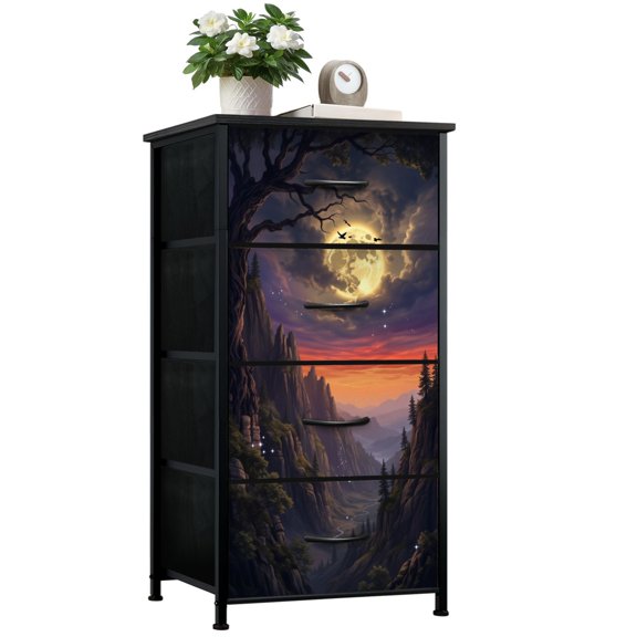 Dresser for Bedroom with 4 Storage Drawers Full Moon Dramatic Mountain Valley Birds Glowing Clouds Dressers Chest of Drawers Steel Framed Fabric Closet Organizers for Dorm Entryway