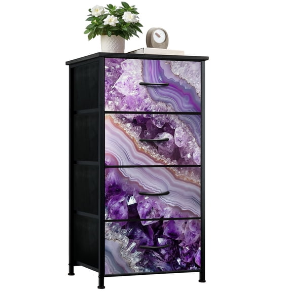Dresser for Bedroom with 4 Storage Drawers Geode Crystal Clusters Purple Agate Stripes Dressers Chest of Drawers Steel Framed Fabric Closet Organizers for Dorm Nightstand Bedside Table Furniture