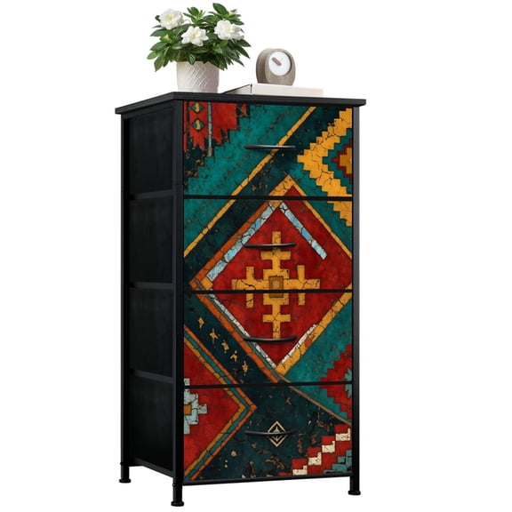 Dresser for Bedroom with 4 Storage Drawers Geometric Tribal Rug Red Teal Yellow Motifs traditional Dressers Chest of Drawers Steel Framed Fabric Closet Organizers for Dorm Entryway End Table