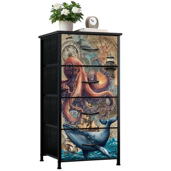 Dresser for Bedroom with 4 Storage Drawers Giant Octopus Whale Nautical Lighthouse Ship Vintage Map Dressers Chest of Drawers Steel Framed Fabric Closet Organizers for Dorm Entryway