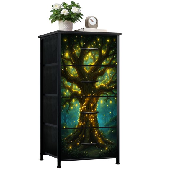 Dresser for Bedroom with 4 Storage Drawers Glowing Tree Forest Golden Lights Mystical Fantasy Dressers Chest of Drawers Steel Framed Fabric Closet Organizers for Dorm Entryway