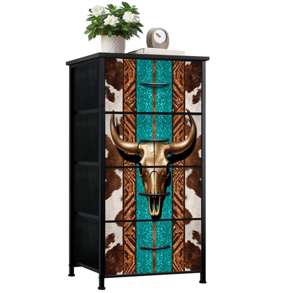 Dresser for Bedroom with 4 Storage Drawers Golden Bull Skull Turquoise Brown Tribal Dressers Chest of Drawers Steel Framed Fabric Closet Organizers for Dorm Entryway