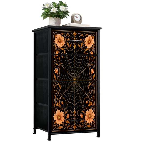 Dresser for Bedroom with 4 Storage Drawers Golden Floral Ornate Spiderweb Black Dressers Chest of Drawers Steel Framed Fabric Closet Organizers for Dorm Entryway