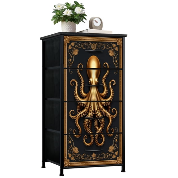 Dresser for Bedroom with 4 Storage Drawers Golden Octopus Intricate Tentacles Floral Border Dressers Chest of Drawers Steel Framed Fabric Closet Organizers for Dorm Entryway