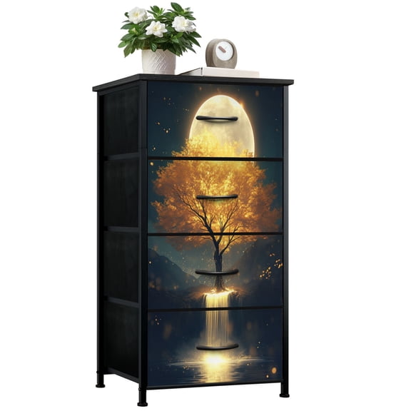 Dresser for Bedroom with 4 Storage Drawers Golden Tree Fantasy Tree Mystical Nature Space Tree Moon Dressers Chest of Drawers Steel Framed Fabric Closet Organizers for Entryway