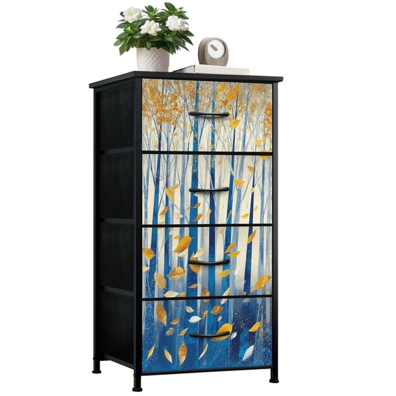 Dresser for Bedroom with 4 Storage Drawers Goldenhour Enchantment Blue Trees Autumn Leaves Dressers Chest of Drawers Steel Framed Fabric Closet Organizers for Entryway