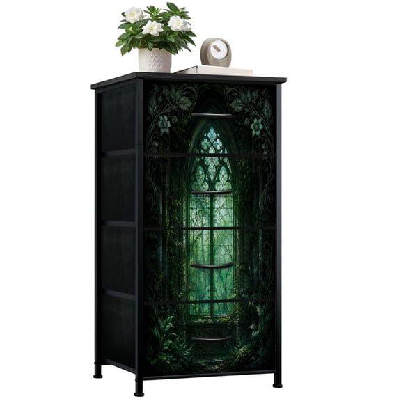 Dresser for Bedroom with 4 Storage Drawers Gothic Arched Window Greenery Intricate Floral Details Dressers Chest of Drawers Steel Framed Fabric Closet Organizers for Dorm Entryway
