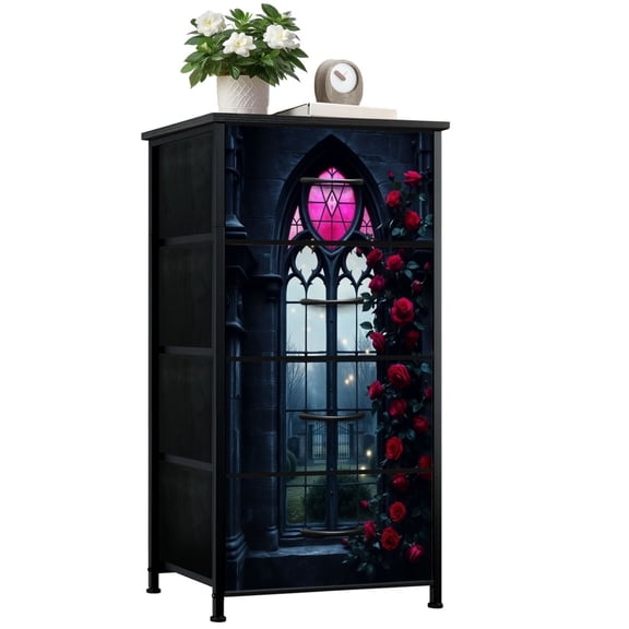 Dresser for Bedroom with 4 Storage Drawers Gothic Arched Window Pink Stained Glass Red Roses Dressers Chest of Drawers Steel Framed Fabric Closet Organizers for Dorm Entryway