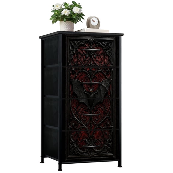 Dresser for Bedroom with 4 Storage Drawers Gothic Black Bat Winged Ornate Frame Red Victorian Dressers Chest of Drawers Steel Framed Fabric Closet Organizers for Dorm Entryway