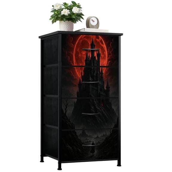 Dresser for Bedroom with 4 Storage Drawers Gothic Castle Under Red Full Moon Dark Landscape Dressers Chest of Drawers Steel Framed Fabric Closet Organizers for Entryway