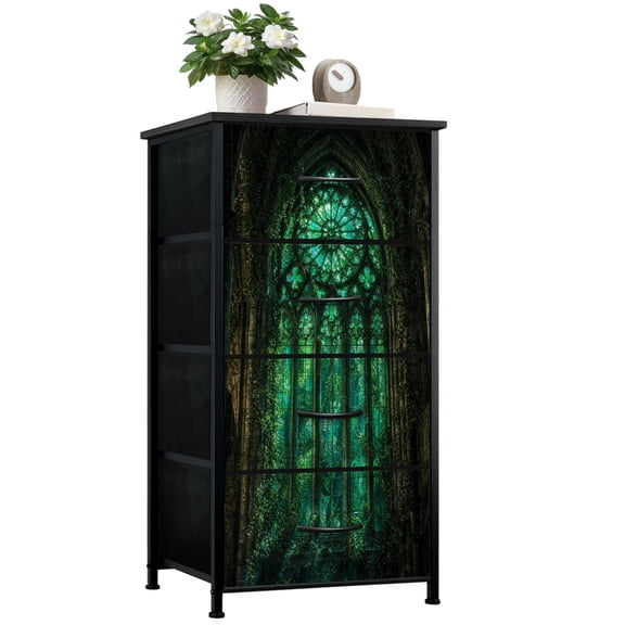 Dresser for Bedroom with 4 Storage Drawers Gothic Cathedral Window Intricate Green Glass Overgrown Dressers Chest of Drawers Steel Framed Fabric Closet Organizers for Dorm Entryway