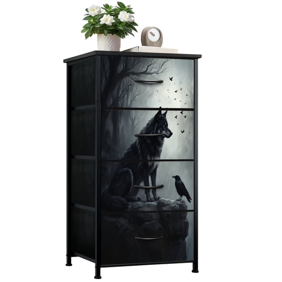 Dresser for Bedroom with 4 Storage Drawers Gothic Dark Academia Painting Gothic Animal Woodland Spooky Dressers Chest of Drawers Steel Framed Fabric Closet Organizers for Entryway