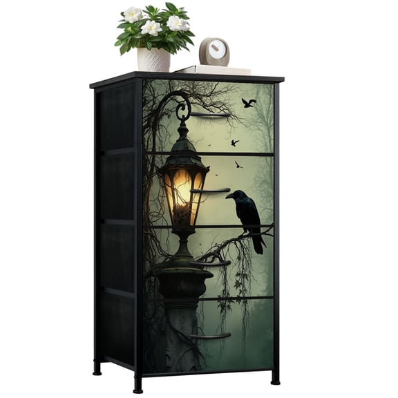 Dresser for Bedroom with 4 Storage Drawers Gothic Decor Vintage Dark Academia Horror Forest Crow Black Wooden Dressers Chest of Drawers Steel Framed Fabric Closet Organizers for Entryway