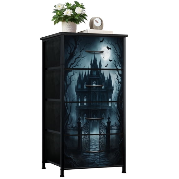Dresser for Bedroom with 4 Storage Drawers Gothic Mansion Night Full Moon Bats Dark Atmosphere Dressers Chest of Drawers Steel Framed Fabric Closet Organizers for Bedroom Dorm Playroom