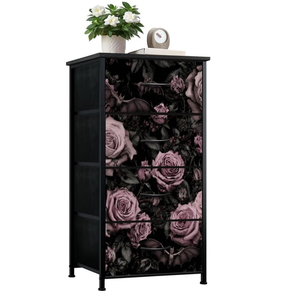 Dresser for Bedroom with 4 Storage Drawers Gothic Pink Roses Dark Bats Black Dark Academia Dressers Chest of Drawers Steel Framed Fabric Closet Organizers for Dorm Entryway