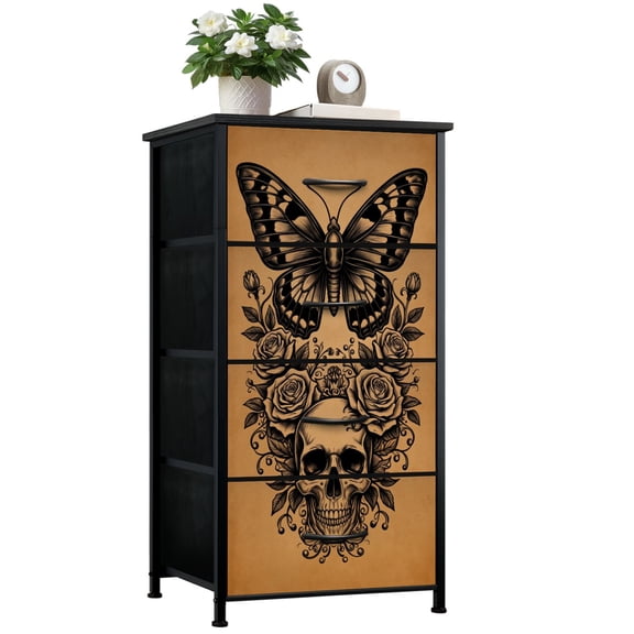 Dresser for Bedroom with 4 Storage Drawers Gothic Skull Butterfly Roses Ornamental Dressers Chest of Drawers Steel Framed Fabric Closet Organizers for Dorm Entryway